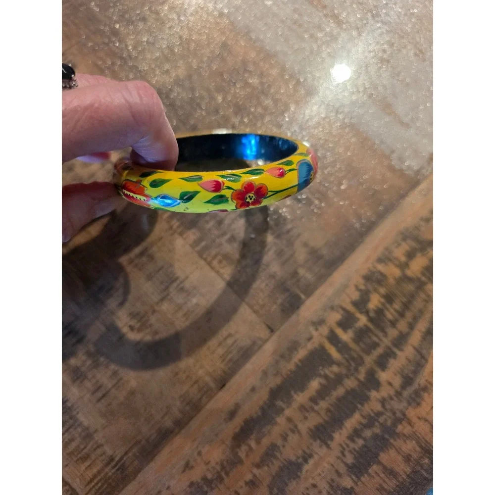 Vintage Hand Painted Wooden Floral Bangle Bracelet Yellow Boho Folk Art Jewelry